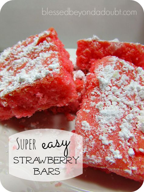 This easy strawberry bars recipe only requires 5 ingredients and I can almost guarantee you probably have all of them in your kitchen except maybe one. So put a strawberry cake mix on your grocery list, run to the store, and put your cute apron on. These are perfect for any time of year, and especially festive for Valentine’s Day. EASY Strawberry Bars Recipe Ingredients 1 Strawberry Cake Mix 2 eggs 1/3 c of oil 2 T of milk 1 c of powdered  {Read More} Summertime Desserts, Strawberry Bars, Strawberry Festival, Strawberry Cake Mix, Strawberry Cookies, Bar Recipes, Cake Bars, Bar Cookies, Easy Strawberry