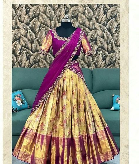 Simple Maggam Work Blouse Designs For Half Saree, Lehenga With Pattu Saree, Pattu Lehanga Voni Designs Latest, Half Saree With Pattu Saree, Pattu Lehangas Designs, Leganha Designs Pattu, Kanchipattu Half Sarees, Latest Pattu Lehangas, Blouse Designs For Pattu Lehenga