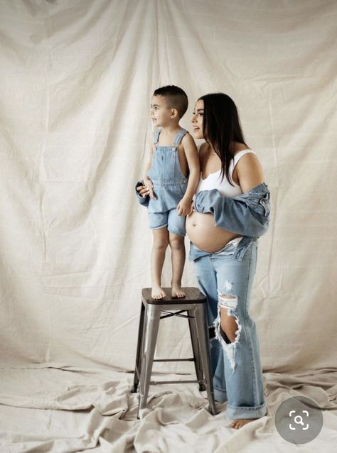 Jeans Maternity Outfits Photoshoot, Maternity Photography Denim Outfit, Madi Nelson Maternity Photos, Maternity Photos Jeans Outfit, Denim Studio Maternity Shoot, Maternity Shoot With Stool, Maternity Photo Shoot Overalls, Tomboy Maternity Photos, White Dress Shirt Maternity Shoot