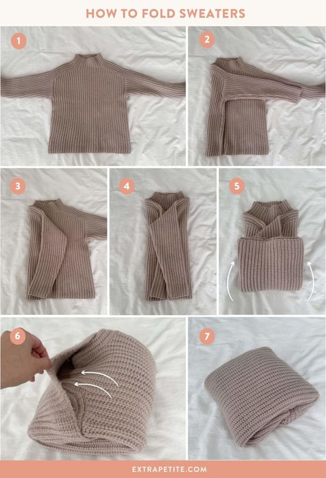 How to Fold & Hang Sweaters for Storage Fold A Sweater, Fold Sweaters, How To Fold Sweaters, Hang Sweaters, Sweater Organization, Sweater Storage, Clothes Drawer, Bulky Sweaters, Packing Hacks Clothes