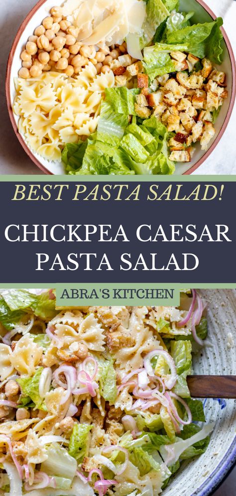 Chickpea Caesar Pasta Salad is crunchy and light with bits of parmesan and pickled shallots. This yummy vegetarian pasta salad is sure to be your new summertime staple! Healthy Caesar Dressing, Yummy Pasta Salad, Vegetarian Pasta Salad, Salad Homemade, Caesar Pasta Salad, Pickled Shallots, Caesar Pasta, Yummy Pasta, Salad Recipes Healthy Easy