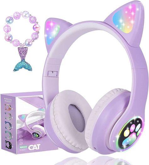 Wireless Cat Ear Headphones for Kids, LED Light Up Kids Girls Bluetooth Headphones with Microphone Bluetooth Headphones for Kids: Connect any device including smartphones, tablets, and computers to wirelessly stream high quality, kid-friendly stereo sound for entertainment and/or education. Listen to music. Custom Fit: Comfortable headphones feature an adjustable headband and soft ear cushions to provide a custom fit when using these foldable headphones Birthday Surprise Kids, Cat Headphones, Headphones Wired, Christmas Purple, Logo Online Shop, Kids Jewelry Box, Cute Headphones, School Bag Essentials