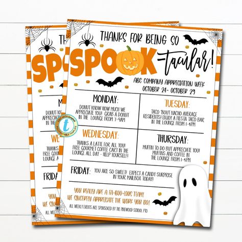 "Halloween Appreciation Week Itinerary Flyer Template. Use this schedule of events for your fall halloween appreciation week!  Works great for schools, churches, hospitals, businesses and more!  All text is editable so you can use for nurse appreciation, employee/staff appreciation and more! TEMPLATE FORMATTED SIZE: 8.5\" x 11\"  IMPORTANT: This is a DIY self-editing digital, printable product - I do not edit this file for you.  However, I do offer editing services at an extra charge, please rea Halloween Week Ideas For Work, Halloween Theme Teacher Appreciation, Halloween Staff Appreciation, Halloween Theme Week Ideas, October Teacher Appreciation, Halloween Employee Engagement, Halloween Themed Employee Appreciation, October Staff Activities, Fall Theme Teacher Appreciation