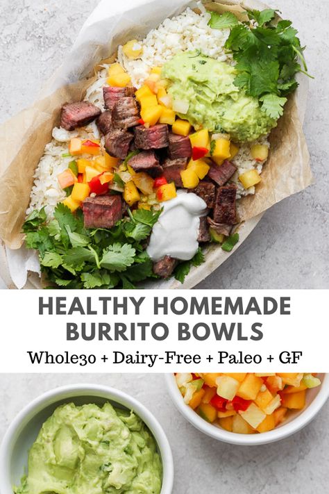 Easy Burrito Bowls - an easy weeknight dinner that is so easy to meal-prep and is perfect for work lunches! Make with steak, chicken, pork or leave vegetarian! (Whole30 + Paleo + DF + GF) #burritobowlrecipe #chipotleburritobowl #paleorecipes #healthybeefrecipes #whole30recipes #glutenfreerecipes Paleo Entrees, Aip Meals, Df Recipes, Lunch Saludable, 30 Diet, Whole 30 Lunch, Burrito Bowls Recipe, Healthy Beef Recipes, Healthy Bowls Recipes