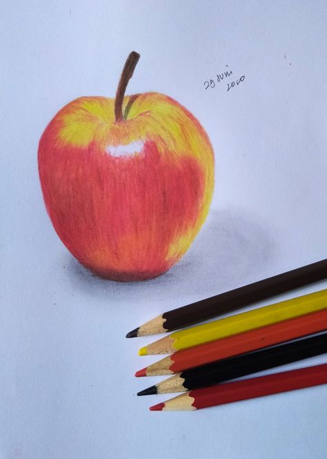 Shaded Fruit Drawing, Apple Drawing Colored Pencil, Fruit Drawing Pencil Color, Realistic Colored Pencil Drawings Easy, Drawing Fruit Pencil, Realistic Fruit Drawing, Fruit Drawing Pencil, Colored Pencil Art Easy Ideas, Easy Colored Pencil Drawing