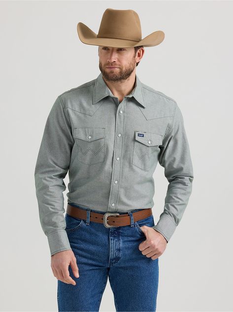 WEAR THE BRAND YOU LOVETo tackle projects both on and off the job, you'll want a sturdy shirt that can handle everything you throw at it. Luckily, the Wrangler® Cowboy Cut® work shirt is a tried-and-true staple that performs from dawn until dusk. Our men's Cowboy Cut® chambray western snap workshirt features a classic fit. Plus, it comes with all the authentic Wrangler® details you know and trust, including Western front and back yokes, spade flap pockets with snap closures, and three-snap cuffs. Complete your look by pairing this with your trusty Cowboy Cut® jeans. Cowboy Cut Jeans, Homecoming 2024, Farm Chic, Cowboy Fashion, Wrangler Cowboy, Short Uggs, Western Boots For Men, Western Front, Mens Cowboy