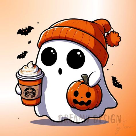 Halloween Prints For Shirts, Cute Halloween Cartoons, Cute Fall Art, Cute Spooky Art, Halloween Astethic, Cute Halloween Drawings, Ghost With Pumpkin, Helloween Wallpaper, Fall Stickers