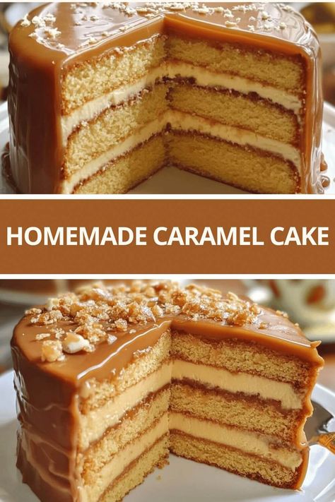 HOMEMADE CARAMEL CAKE Old Fashion Caramel Cake, Caramel Cakes Birthday, Caramel Swirl Cake, Easy Salted Caramel Cake, Caramel Cake Filling Recipe, Easy Caramel Cake Recipe, Caramel Cloud Cake, Old Fashioned Caramel Icing, Caramel Frosting Recipe Condensed Milk