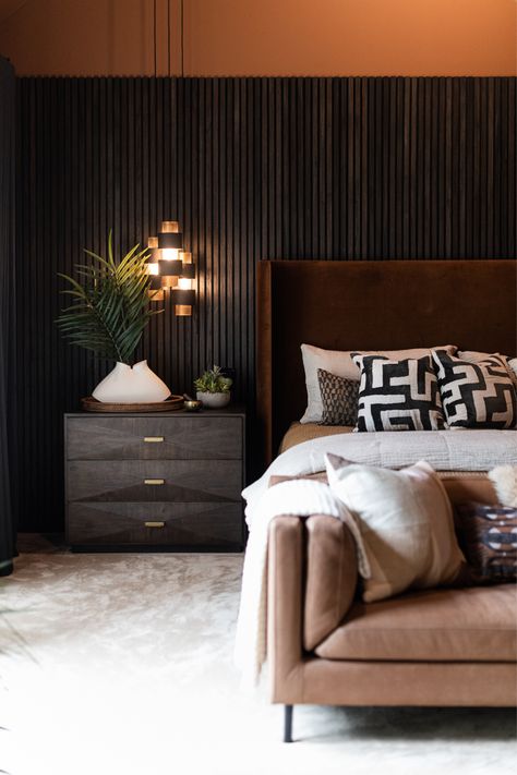 moody primary bedroom designed by violet marsh interiors Moody Primary Bedroom, Wood Headboard Bedroom, Dark Brown Bedrooms, Brown Bedroom Ideas, Wood Walls Bedroom, Walnut Bedroom Furniture, Walnut Bedroom, Feature Wall Bedroom, Brown Rooms