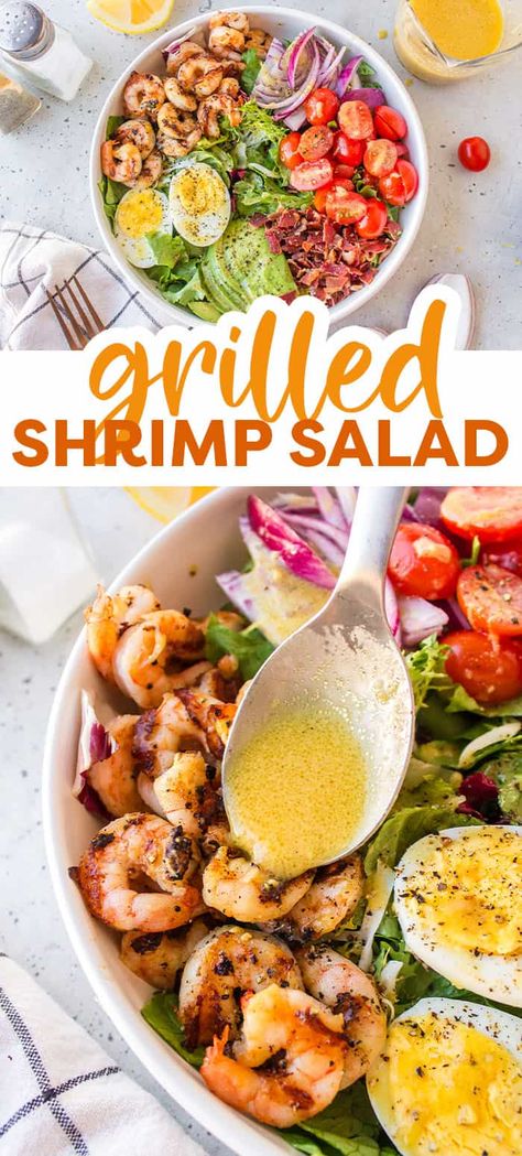 Our Grilled Shrimp Salad features seasoned grilled shrimp, plenty of fresh greens, and loads of salad favorites like cherry tomatoes, bacon, and avocado. All dressed up with our homemade honey mustard vinaigrette! This grilled shrimp salad recipe with a homemade honey mustard vinaigrette is a fresh, flavorful, and nutritious way to enjoy salad! Shrimp Salad Recipes Healthy, Amazing Smoothies, Shrimp And Sausage Pasta, Meal Bowls, Grilled Shrimp Salad, Quick Foods, Shrimp Salad Recipe, Seafood Risotto, Homemade Honey Mustard