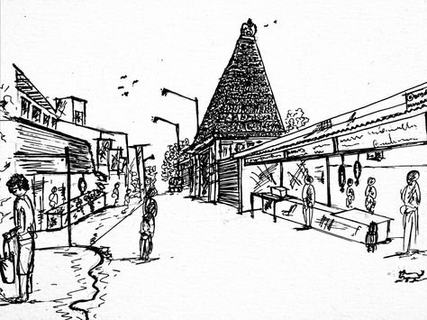 kapaleeswarar temple busy street Temple Sketch, 1 Point Perspective Drawing, Temple Drawing, 1 Point Perspective, One Point Perspective, Urban Sketch, Busy Street, Temple Architecture, Point Perspective