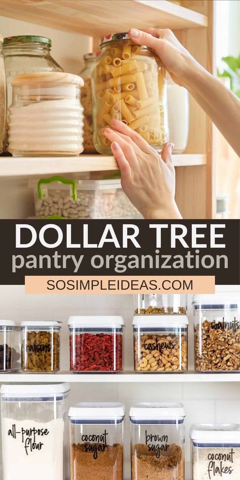 There's no need to spend a lot of money organizing your kitchen goods. These Dollar Tree pantry organization ideas can fit everyone's budget! Pantry Staging Ideas, Baking Storage Containers, Kitchen Snack Storage Ideas, Flour Storage Ideas, Pantry Organization Dollar Tree, Dollar Tree Pantry Organization Ideas, Snack Organization Ideas, Snack Storage Ideas, Dollar Tree Pantry Organization