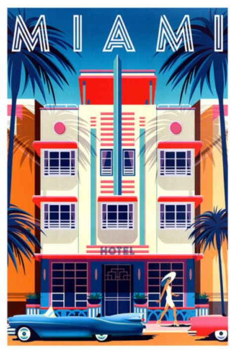 Miami - Florida - Vintage Travel Poster - Retro Posters 80s Art Deco Interior, Art Deco Arquitectura, Miami Vintage, Miami Posters, Miami Hotel, Art Deco Logo, 80s Art Deco, Miami Art Deco, Art Deco Door