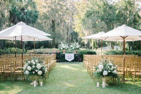 Tour de Force | Virginia and Stephen | Fall/Winter 2018 Charleston Weddings Magazine | Image by Aaron and Jillian Photography Market Umbrella Wedding, Umbrellas At Wedding Ceremony, White Umbrella Wedding Ceremony, Outdoor Ceremony Set Up, Umbrellas Wedding Ceremony, Wedding With Umbrellas, Umbrella Wedding Ceremony, Ceremony Set Up, Ceremony Umbrellas