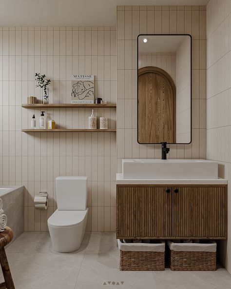 COZY COTTAGE HOUSE on Behance Toilet Inspo Bathroom Ideas, Modern Scandinavian Cottage, Small Cozy Bathroom Aesthetic, Modern Japandi Bathroom, Japandi Interiors Bathroom, Japandi House Design, Apartment Toilet, Japandi Toilet, Japandi Bathroom Small