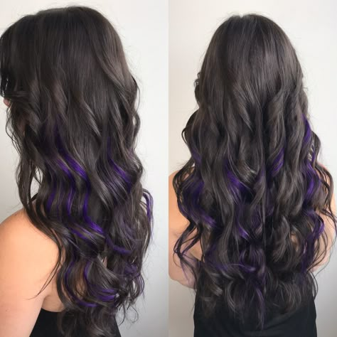 Dark Brown Hair With Purple Tips, Dark Brown Hair With Purple Streaks, Purple Extensions In Brown Hair, Purple Hilights On Brown Hair, Dark Brown Hair With Purple Peekaboos, Violet Highlights In Brown Hair, Dark Brown Hair With Purple Underneath, Purple Highlights Brown Hair Peekaboo, Dark Purple Highlights Brown Hair