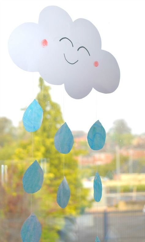 Rain Decorations For Classroom, Rain Paper Craft, Paper Clouds Decoration, Rain Cloud Craft Preschool, Weather Mobile Craft, Cloud Craft Preschool, Rain Decorations, Cloud Crafts For Kids, Rain Crafts For Kids