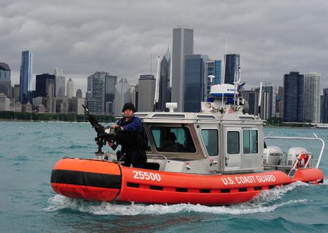 CHICAGO - A tactical Coast Guard boatcrew, aboard a 25-foot Response Boat-Small, patrols Lake Michigan near the city of Chicago during the 2012 NATO Summit, May 21, 2012. Coast Guard boatcrews enforced security zones 24-hours per day during the event. U.S. Coast Guard photo by Petty Officer 2nd Class George Degener. Cost Guard, Coast Gaurd, Coast Guard Helicopter, Coast Guard Boats, Coast Guard Rescue, Coast Guard Ships, Camping In Ohio, Great Lakes Ships, Inflatable Boats