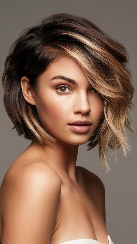 short hair balayage Baliage Short Hair 2024, Bayalage For Short Hair, Brunette Balayage Hair Chin Length, Balayage Hair Bob Short, Short Brown Hair With Blonde Money Piece, Balayage On Short Hair Dark, Bayalage On Short Hair, Short Hair Ombre Balayage, Short Balayage Hair