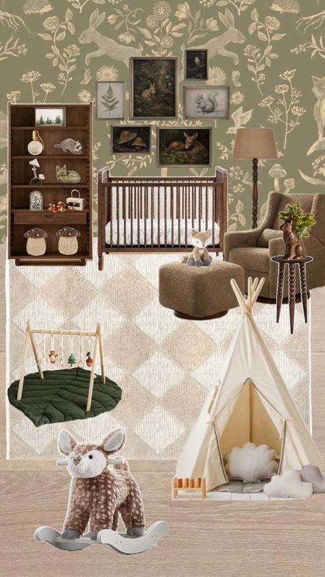 Woodland Nursery Inspo Dark Green Toddler Room, Woodland Theme Nursery Gender Neutral, Baby Room Woodland Theme, Outdoorsy Nursery Gender Neutral, Woodsy Nursery Gender Neutral, Baby Boy Forest Nursery, Cottagecore Nursery Boy, Forrest Nursery Boy Baby, Forest Boy Nursery