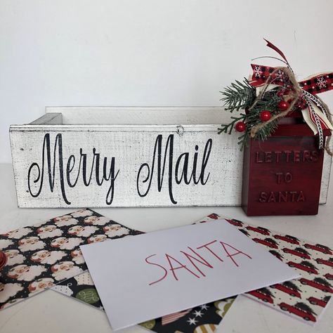 Merry Mail Card Holder, Santa Mailbox, Merry Mail, Christmas Card Holder, Santa Mail, Rustic Wood Box, Letters To Santa, Metal Mailbox, Christmas Crafty