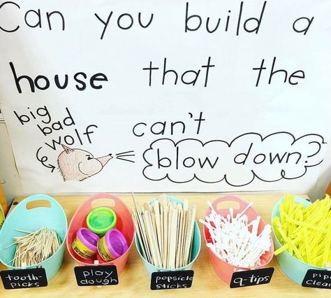 Makerspace Challenge - Can you build a house that the big bad wolf can't blow down? Kindergarten Stem, Preschool Stem, Traditional Tales, Build A House, Creative Curriculum, Steam Activities, Kindergarten Science, Stem Challenges, Stem Projects