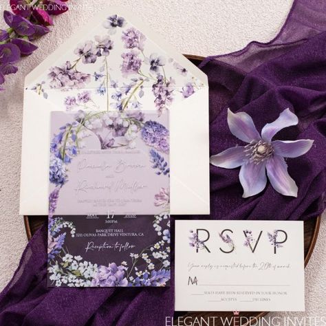 Elegant Boho Lavender Clematis Bellflower Wildflower Acrylic Wedding Invitation EWIA162 Purple Beach Wedding Invitations, Classy Wedding Invitations Purple, Free Purple Wedding Invitation Templates, Simple Wedding Invitations Purple, Unique Wedding Invitation Wording Shutterfly, Purple Teal Wedding Invitations, Enchanted Forest Invitations Purple, Purple Enchanted Forest Invitation, Lavender Clematis