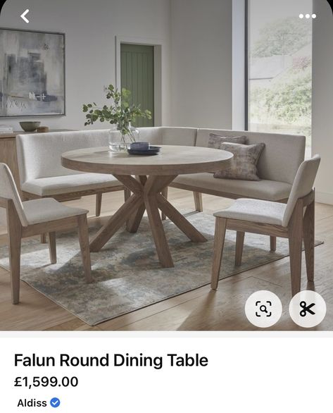 White Oak Round Dining Table, Round Table Dining Room Decor, Round Dining Table With Bench, Wooden Round Dining Table, Corner Dining Bench, Round Dining Table Sets, Corner Bench, Bench Set, Oval Table Dining