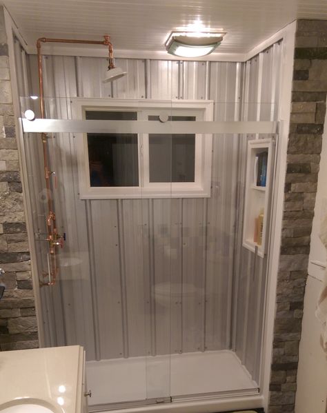 Shower remodel phase 1 of project Tin Bathroom Ideas, Galvanized Shower Walls, Tin Shower Walls, Corrugated Metal Shower, Galvanized Shower, Tin Shower, Skoolie Living, Bathroom Dream, Shop Apartment