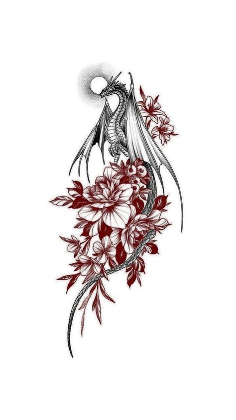 Dragon With Flowers Tattoo, Dragon Tattoo With Flowers, Dragon With Flowers, Dragon Thigh Tattoo, Dragon Tattoo Drawing, Small Dragon Tattoos, Dragon Tattoo Art, Dragon Tattoo For Women, Fantasy Tattoos