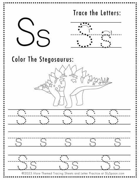 Free Dinosaur Themed Letter S Tracing Worksheet - Get your little ones excited about learning the letter S with these adorable and FREE printable Dinosaur-themed tracing pages! Perfect for preschoolers and toddlers, this set includes upper and lowercase letter tracing to enhance their handwriting skills. Teach while having fun! #letterS #tracingpages #dinosaurtheme #printables #preschoolactivities #toddleractivities S Tracing Worksheet, S Activities For Preschool, Letter S Activities For Preschool, Letter S Tracing, Letter S Crafts, Fun Letters, Toddler Homeschool, Tracing Sheets, Work Sheet