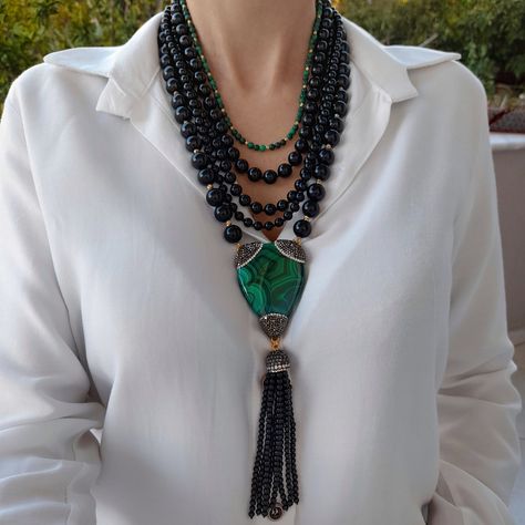 Statement Bead Necklace, Black Stone Necklace, Bold Bohemian, Bright Necklace, Malachite Crystal, Chunky Bead Necklaces, Women's Necklace, Malachite Necklace, Modern Necklace