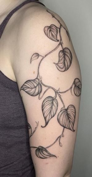 Leaf Tattoos Arm, Trailing Vine Tattoo, Pothos Vine Drawing, Pothos Sleeve Tattoo, Black And Grey Vine Tattoo, Men’s Plant Tattoo, Kudzu Vine Tattoo, Plant Vine Tattoo Arm, Vine Branch Tattoo