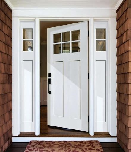 Front Door With High Windows, Craftsman Style Doors Exterior Front Entry, White Craftsman Front Door, Frosted Sidelights Front Doors, White Front Door With Sidelights, Craftsman Style Exterior Doors, Exterior Shaker Doors, Masonite Exterior Door, Craftsman Style Front Doors Entrance