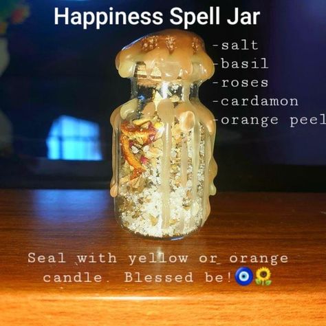 Happiness Spell Jar, Happiness Spell, Magic Oil, Wicca Recipes, Witch Herbs, Jar Spells, Witch Bottles, Magia Das Ervas, Green Witchcraft