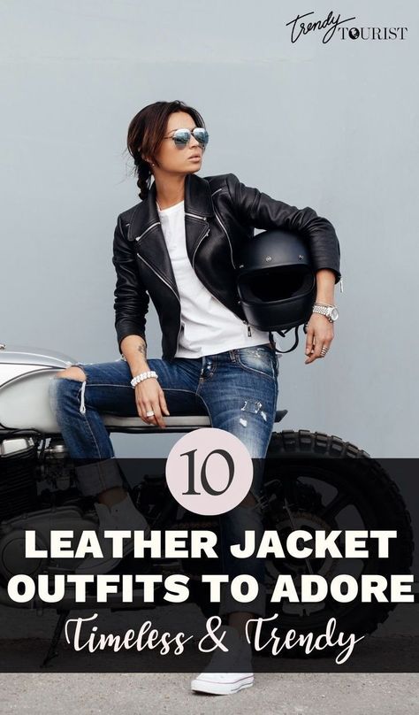 My blog post explores 10 fashionable leather jacket ensembles that perfectly marry timeless charm with contemporary trends. Learn how to elevate your style with these versatile jacket looks, suitable for various occasions and effortlessly adapting to changing fashion landscapes at www.trendytourist.co.uk | women's fashion Moto Jacket And Jeans Outfit, Leather Jacket Looks, Casual Leather Jacket Outfit, Black Leather Biker Jacket, Versatile Jacket, Leather Jacket Style, High Fashion Outfits, Stylish Women Fashion, Leather Jacket Outfits