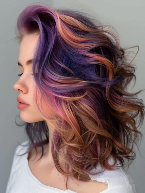 Top Summer Hair Colors for 2024 Chunky Fall Hair, Colorful Fall Hair Colors, Vivid Hair Highlights, Multiple Color Hair Dye Ideas, Colorful Hair Ideas For Blondes, Colorful Wedding Hair, Vivid Hair Color Balayage, Vivid Peekaboo Highlights, Purple And Peach Hair