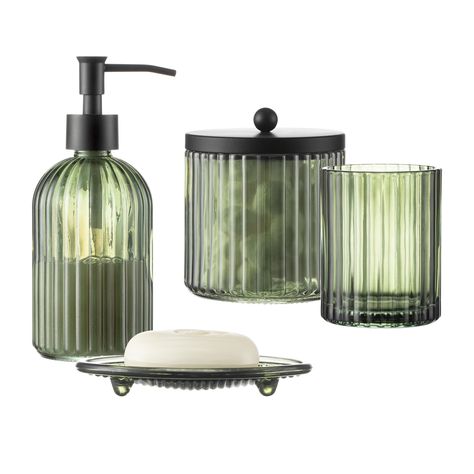 PRICES MAY VARY. Glass Complete Bathroom Organization - The 4 piece bathroom set includes a tumbler, cotton jar, soap dish, and liquid soap dispenser for all your needs. Durable Materials - Made with thick glass with a pattern and high-quality plastic pump and metal accessories with a perfect plating coating. All-In-One Package - No need to search for separate pieces, this set has everything you need in one convenient package. Ideal Gift - A great gift for a housewarming or any special occasion. Industrial Bathroom Accessories, Olive Decor, Boys Bathroom Decor, Dark Green Bathrooms, Green Bathroom Accessories, Green Kitchen Accessories, Glass Bathroom Accessories, Green Bathroom Decor, Earthy Home Decor