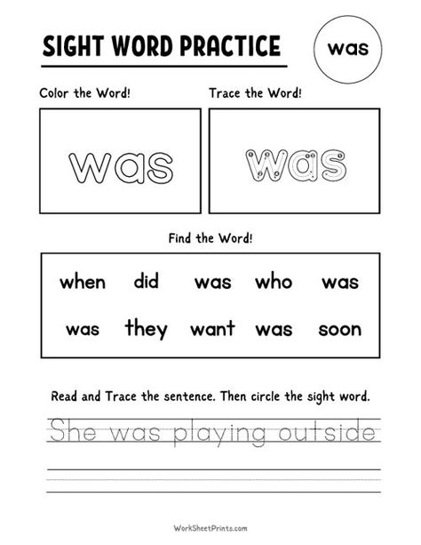 Was - Sight Word Practice | Kindergarten Worksheets Printable Kindergarten Sight Word Worksheets, Sight Word Practice Kindergarten, Sight Word Worksheets Free, Tracing Words, Writing Sight Words, Sight Word Fun, Learning Sight Words, Sight Word Worksheets, Kindergarten Worksheets Printable