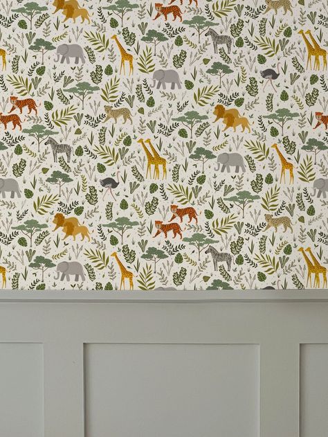 Safari Nursery With Panelling, Animal Nursery Wallpaper, Safari Accent Wall, Baby Boy Room Wallpaper, Toddler Safari Bedroom, Playroom Colours, Nursery Ideas Safari, Animal Wallpaper Bedroom, Animal Wallpaper Nursery