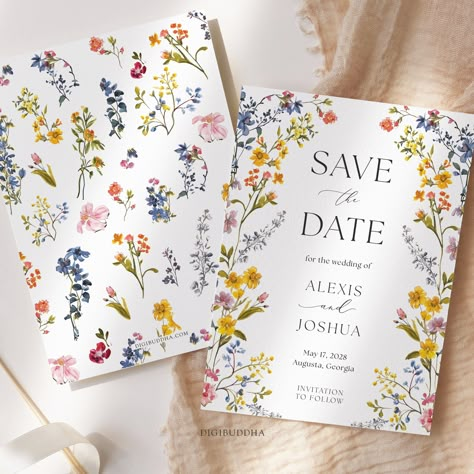 Boho Wildflower Save the Date Cards, Whimsical Wildflower Save the Date Card, Floral Save The Date Cards, Boho Floral wedding Save The Date This listing is for PRINTED, physical invitations.  > Looking for editable/printable items? Our printable shop is here: https://www.etsy.com/shop/DigibuddhaPrintables Size & Format: Flat, approx. 5x7"" Design: Full color on both sides Envelopes: Choose your envelope color Paper Options House card stock: 110 lb. uncoated smooth stock Premium card stock: 120 l Save The Date Ideas Wildflowers, Wedding Spring Invitations, Wildflower Wedding Save The Date, Wildflower Save The Date Cards, Colourful Save The Date, Whimsical Save The Date, Save The Date Colorful, Wildflower Save The Date, Save The Date Floral