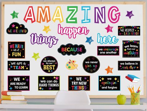 PRICES MAY VARY. PACKAGE INCLLUDES: 41pcs bulletin board cutouts with 100pcs glue points, sufficient quantity and delicate design to meet your various needs for decoration. EXQUISITE DESIGN: The bulletin board decor come with patterns of stars, books, etc., printed with encouraging words, bright and colorful, making it perfect decoration for your school and classroom. DURABLE MATERIAL: Made of good quality paper, durable and safe, hard to tear off and fade, our bulletin board cutouts can be kept Bulletin Board For Classroom, Amazing Things Happen Here, Motivational Bulletin Boards, Bulletin Board Decoration, Affirmation Station, Bulletin Borders, Classroom Motivation, Mental Health Posters, Back To School Bulletin Boards