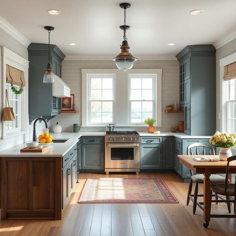 Create a breezy coastal New England kitchen with light blue glass-front cabinets and nautical-inspired crown molding. #CoastalNewEngland #SeaSideCharm 🌊 New England Kitchen Ideas, Cape Cod Kitchen Ideas, England Kitchen, New England Kitchen, Blue Cabinet, Coastal New England, Lake House Kitchen, Blue Kitchen Cabinets, Glass Front Cabinets