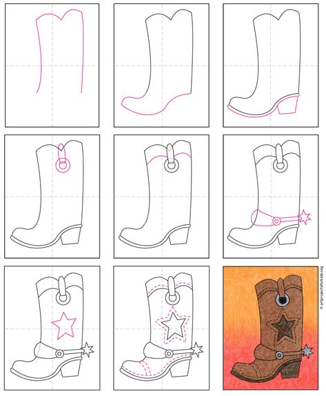 Draw a Cowboy Boot · Art Projects for Kids How To Draw A Cowboy Boot Step By Step, Cowboy Drawings Easy, Easy Western Drawings For Beginners, Rodeo Drawings Easy, How To Draw Cowboy Boots Step By Step, Cowboy Boot Painting On Canvas Easy, How To Draw A Cowboy Boot, How To Draw Cowboy Boots, Rodeo Art Ideas