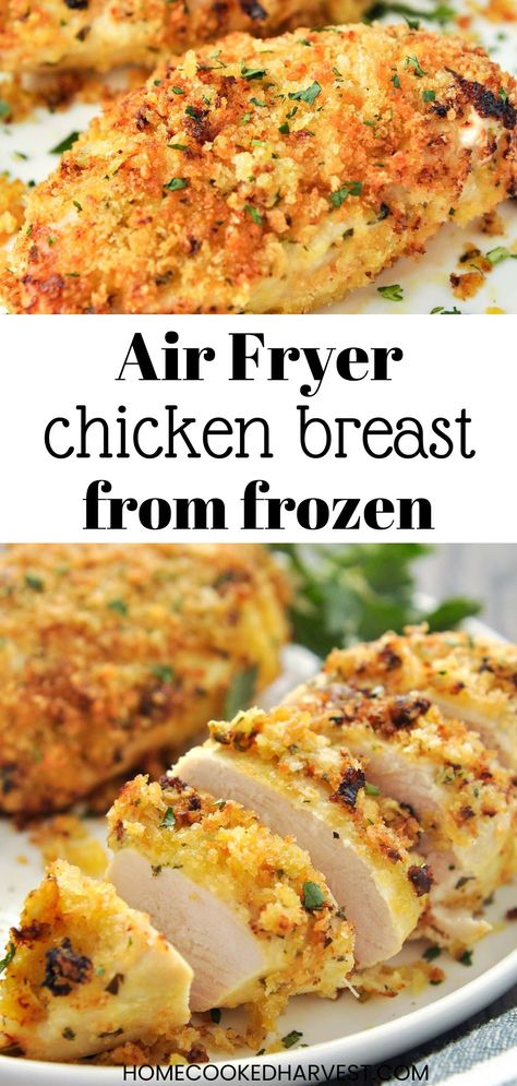 Air Fryer Frozen Chicken Breasts get brushed with a mayonnaise sauce then coated in breadcrumbs to keep it super moist. This recipe makes a juicy chicken dinner without the need for thawing. Cook Frozen Chicken In Air Fryer, Can You Cook Frozen Chicken In Air Fryer, Frozen Grilled Chicken In Air Fryer, Air Fryer Chicken From Frozen, Frozen Chicken Breast Ninja Foodi, Frozen Chicken Ninja Foodi, Cooking Frozen Chicken In Air Fryer, Frozen Chicken Dinner Recipes, How To Cook Frozen Chicken In Air Fryer