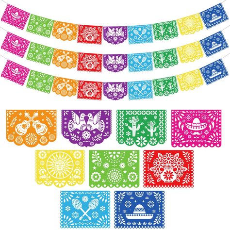 PRICES MAY VARY. Super Value Pack - 3 Strands of Mexican Party Banners (each is 18Ft. long and contains 9PCS panel, 12.9" x 16.5"), 27PCS vibrant and colorful papel picado in total, durable and reusable. Solid protection, avoid damage during delivery. Not Easy to be Torn - Our fiesta decor banner is made of high-grade PVC, no hollow-out patterns, avoiding the risk of tearing apart. So these party banners can withstand bad weather conditions such as heavy rain, storm or even hail, suitable for in Mexican Birthday Party, Mexican Birthday Parties, Mexican Independence Day, Papel Picado Banner, Spanish Decor, Mexican Birthday, Taco Party, Fiesta Decorations, Mexican Party