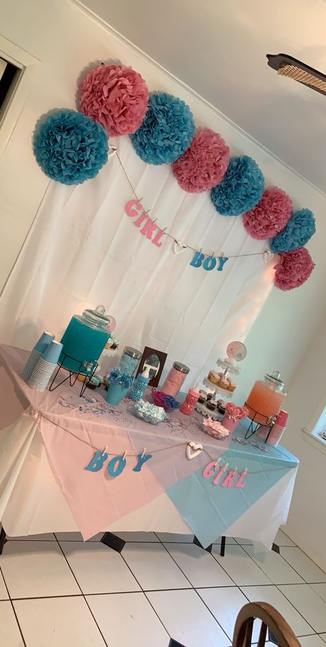 Picnic Table Gender Reveal Decor, Small And Simple Gender Reveal, Unique Reveal Gender Ideas, Gender Review Decoration, Gender Reveal Decor Outdoor, Indoor Gender Reveal Decorations, Gender Reveal Ideas Inside House, Gender Reveal Main Table Ideas, Gender Reveal Setup Ideas