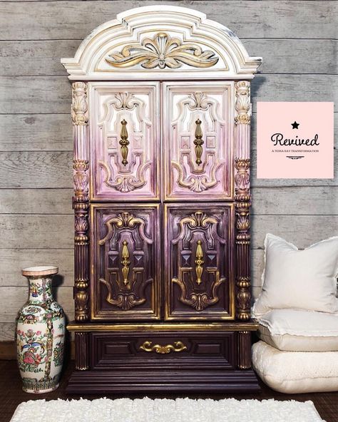 Ombré Purple Painted cupboard Purple Painted Furniture, Paint Transformation, Dungeon Decor, Blending Paint, Gothic Farmhouse, Restore Furniture, Furniture Refurbishing, Alternative Furniture, Embellished Furniture