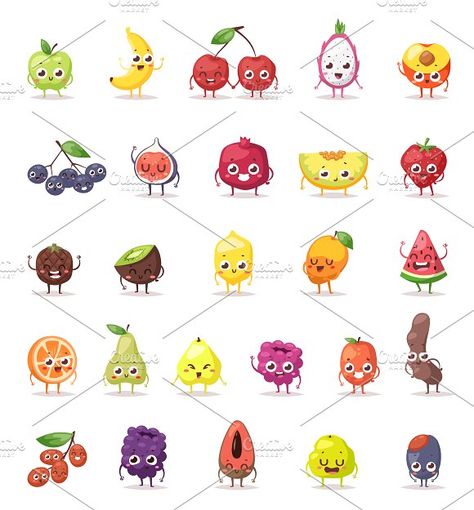 Fruit characters vector Graphics Funny fruit characters cartoon isolated and Fruit characters big set. Fruit characters vector illust by Vectorstockerland Funny Happy Face, Happy Fruit, Food Game, Fruit Cartoon, Fruits Drawing, Funny Fruit, Food Cartoon, Drawing Cartoon Characters, Fruit Illustration