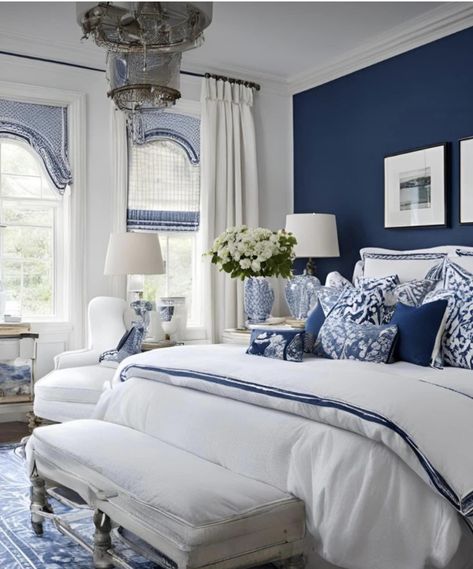 Royal Blue And White Room Ideas, Blue And White Bedrooms Ideas, Blue And White French Country Bedroom, Blue White Bedroom Ideas, Bedroom Inspirations Master Modern, Blue And White Guest Bedroom, Blue And White Bedroom Master, Blue Cottage Bedroom, Navy Blue And White Bedroom